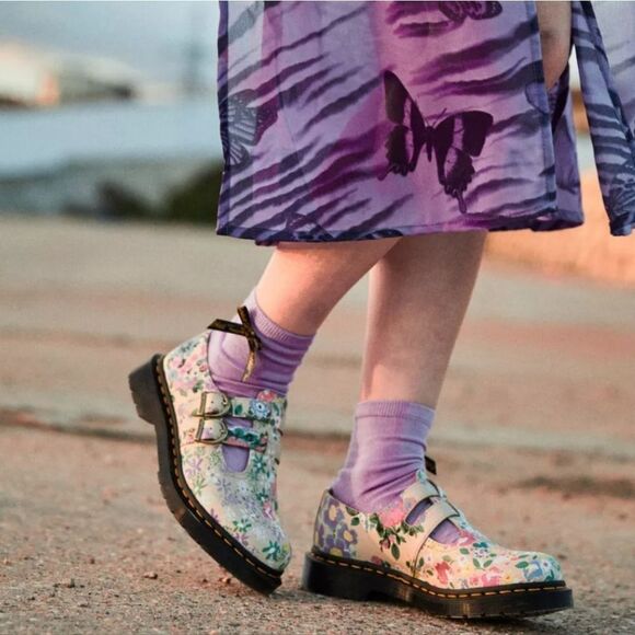 🩵NIB Dr. Martens Parchment Beige Floral Virginia Leather Mary Jane Size 8 - Picture 13 of 16